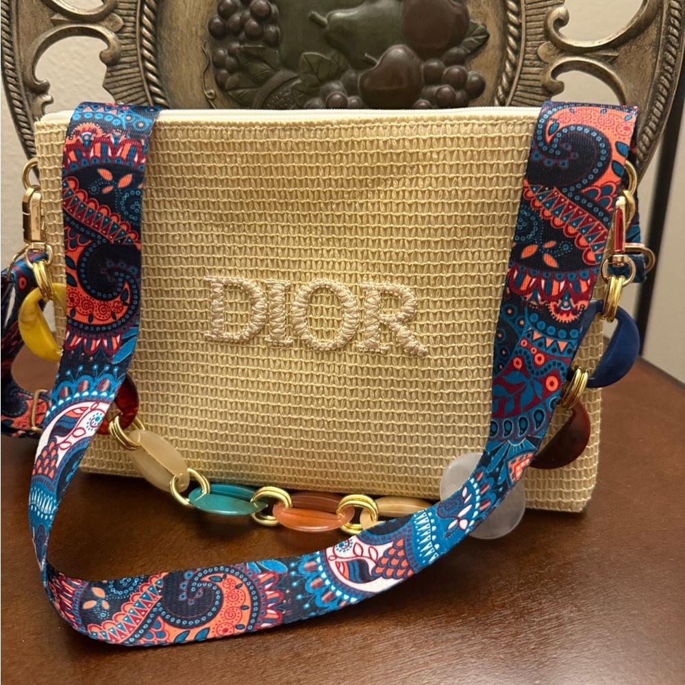 Dior Raffia pouch into crossbody bag  with Braided Adjustable strap Attatched